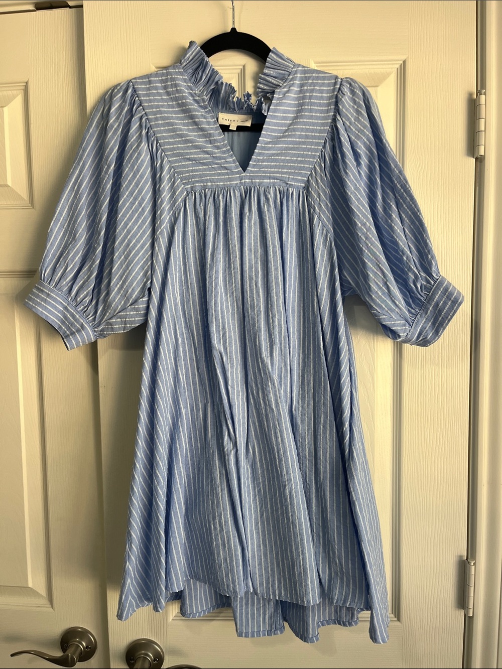Entro Light Blue & White Striped Midi Dress with Puff Sleeves (lined)